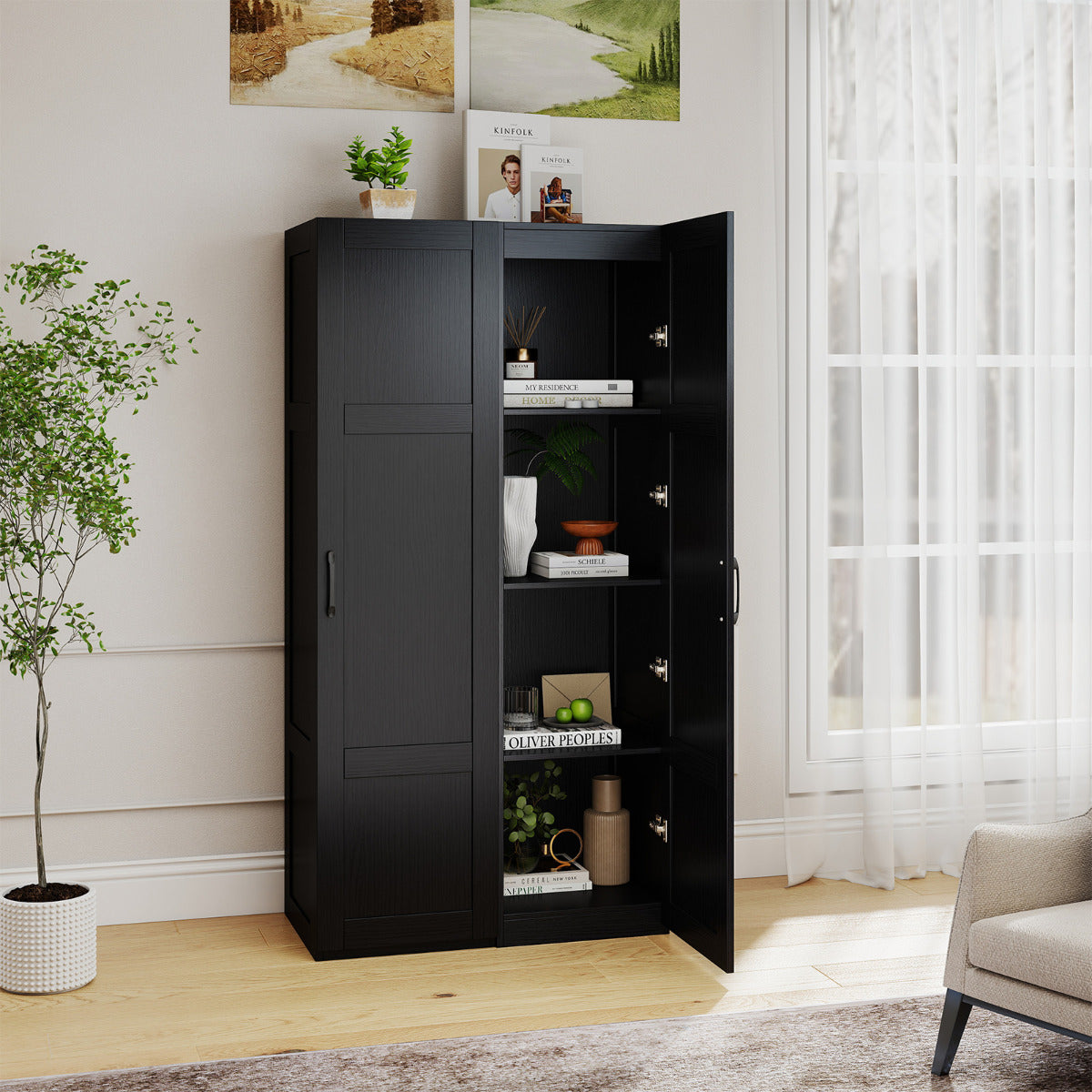 150 cm Tall Storage Cabinet 4-Tier Freestanding Floor Cabinet with Door-Black