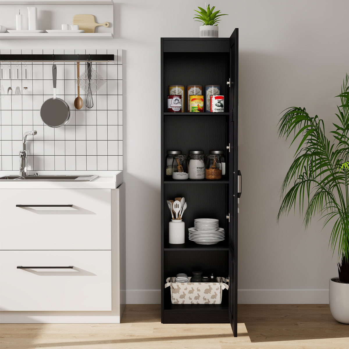 150 cm Tall Storage Cabinet 4-Tier Freestanding Floor Cabinet with Door-Black