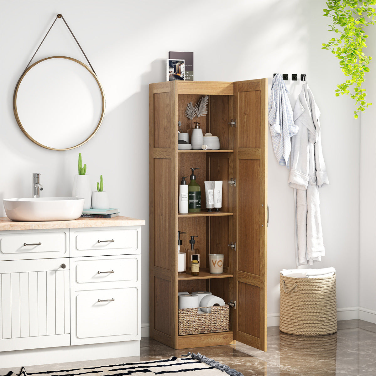 150 cm Tall Storage Cabinet 4-Tier Freestanding Floor Cabinet with Door-Natural