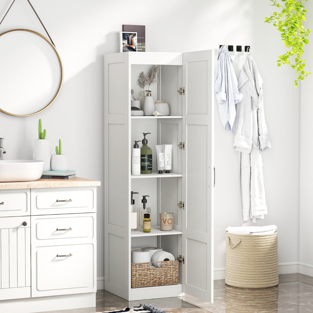 150 cm Tall Storage Cabinet 4-Tier Freestanding Floor Cabinet with Door-White