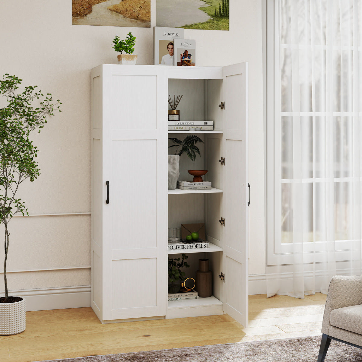 150 cm Tall Storage Cabinet 4-Tier Freestanding Floor Cabinet with Door-White
