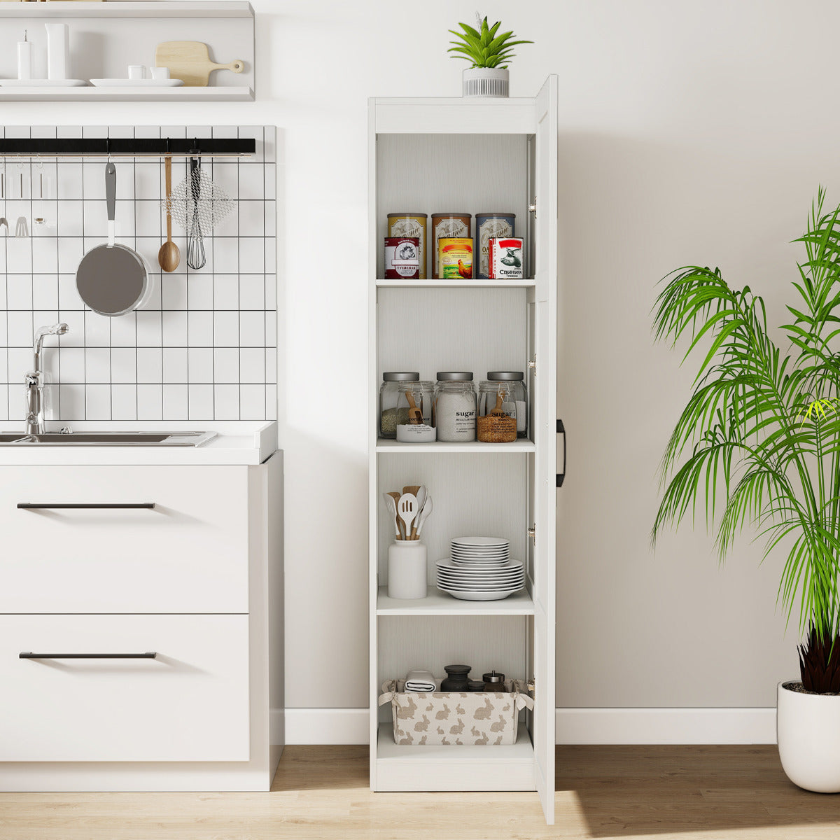 150 cm Tall Storage Cabinet 4-Tier Freestanding Floor Cabinet with Door-White