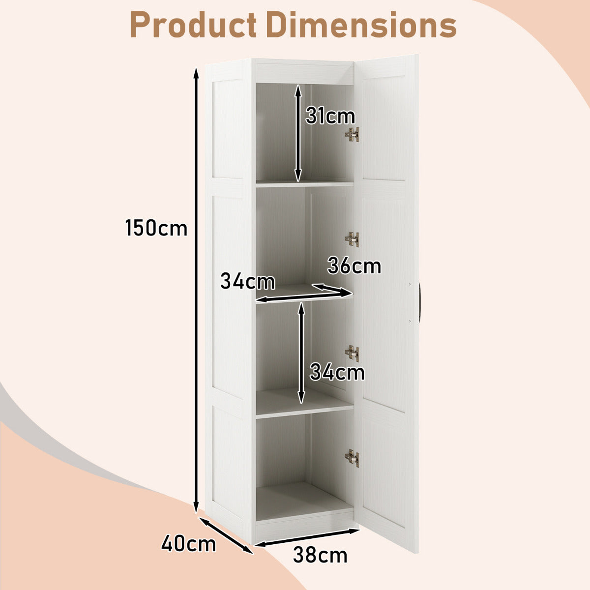 150 cm Tall Storage Cabinet 4-Tier Freestanding Floor Cabinet with Door-White