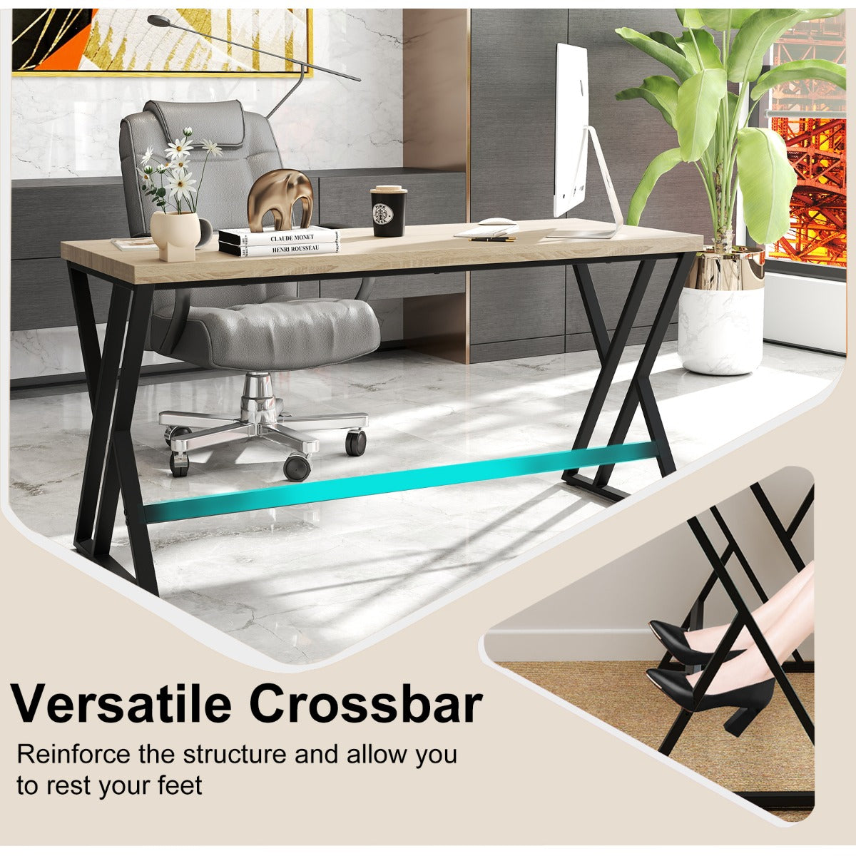 150cm Computer Desk with Heavy-duty Metal Frame and Crossbar-Grey