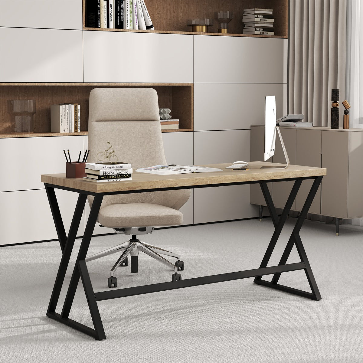 150cm Computer Desk with Heavy-duty Metal Frame and Crossbar-Grey