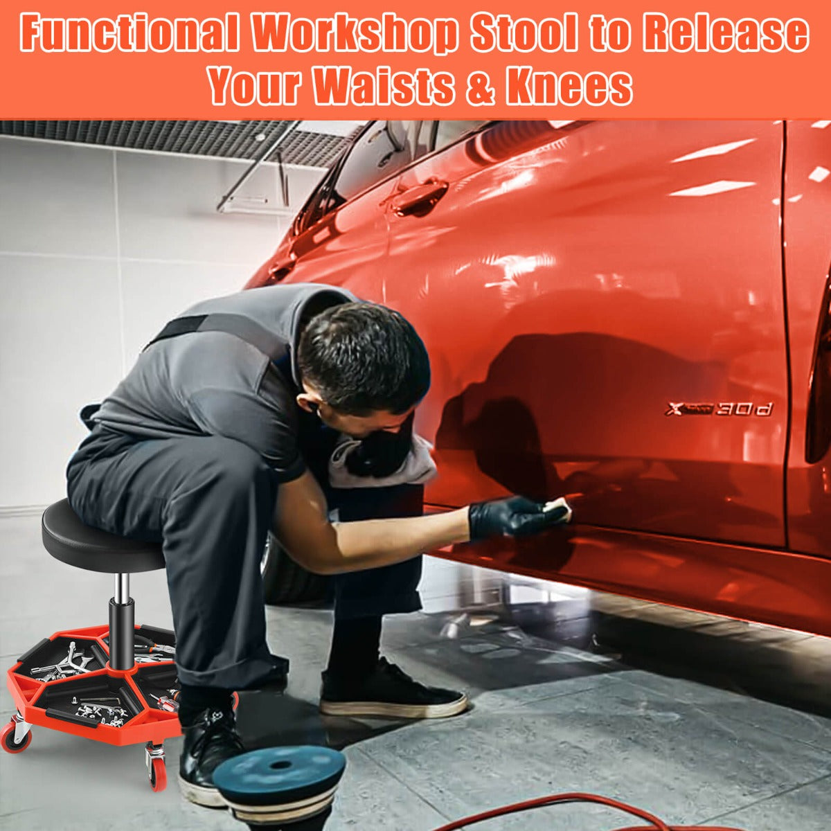 150 KG Capacity Pneumatic Rolling Mechanic Stool with Tool Tray-Red
