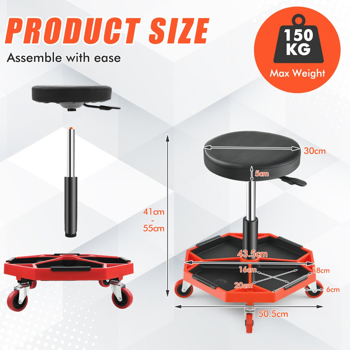 150 KG Capacity Pneumatic Rolling Mechanic Stool with Tool Tray-Red