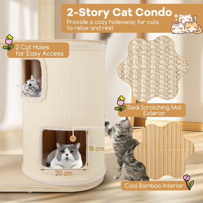151 cm Wooden Cat Tower with Sisal Scratching Posts and Washable Plush Cushion-Natural
