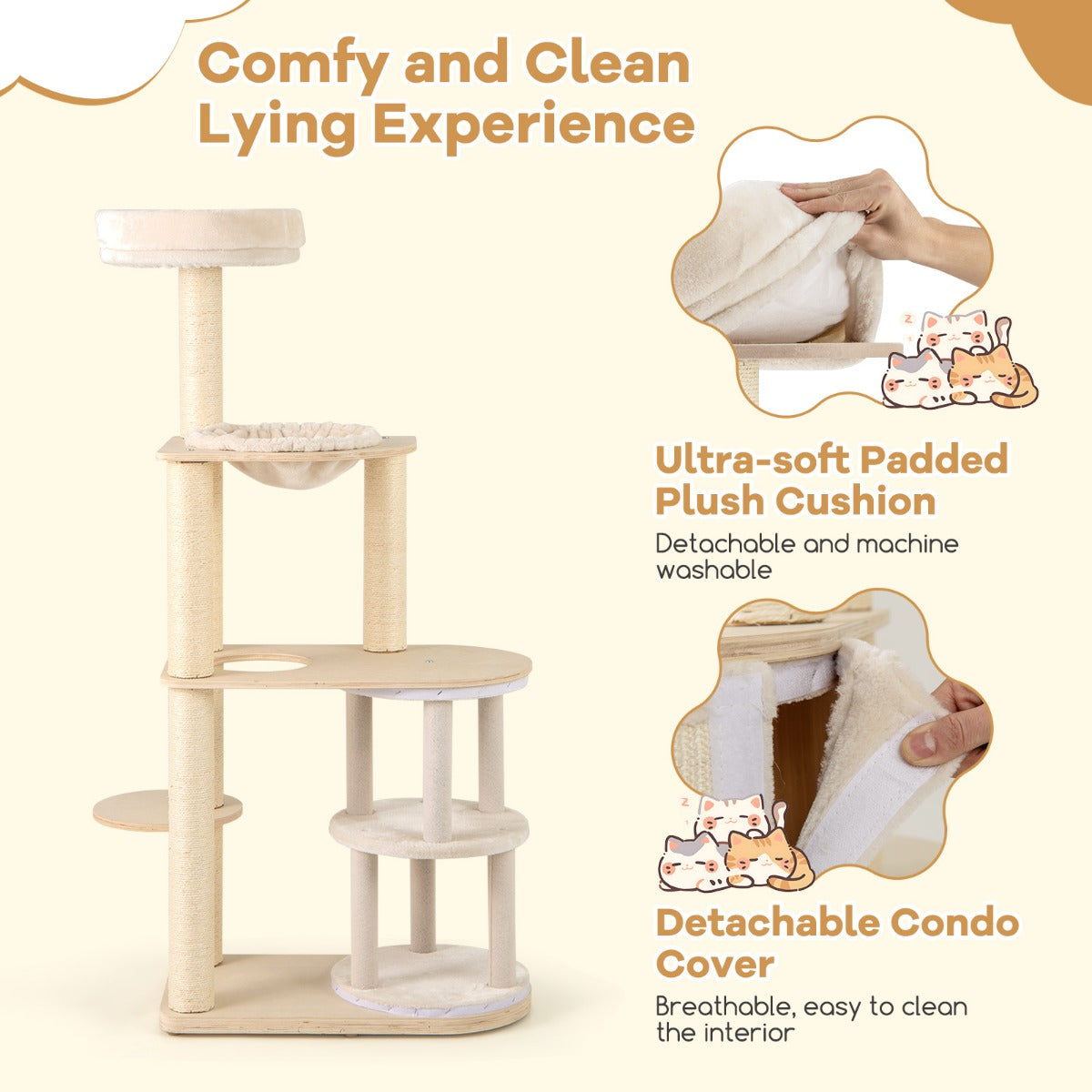 151 cm Wooden Cat Tower with Sisal Scratching Posts and Washable Plush Cushion-Natural
