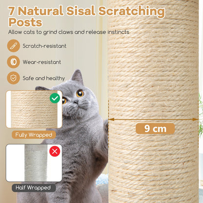151 cm Wooden Cat Tower with Sisal Scratching Posts and Washable Plush Cushion-Natural