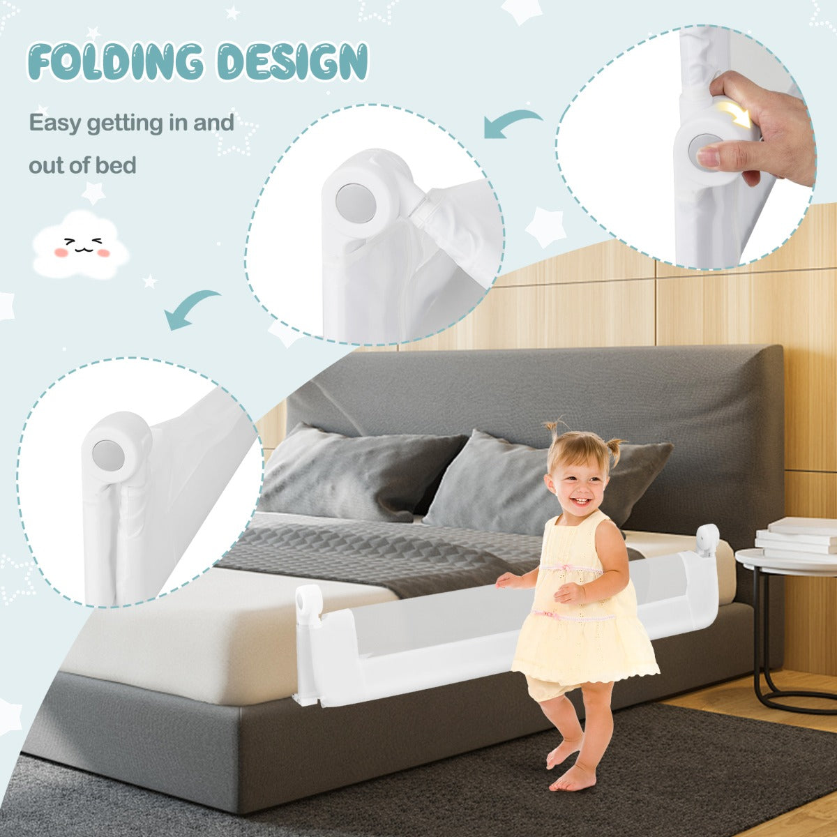 152cm x 42cm Foldable Swing Down Baby Bed Guard Rail-White