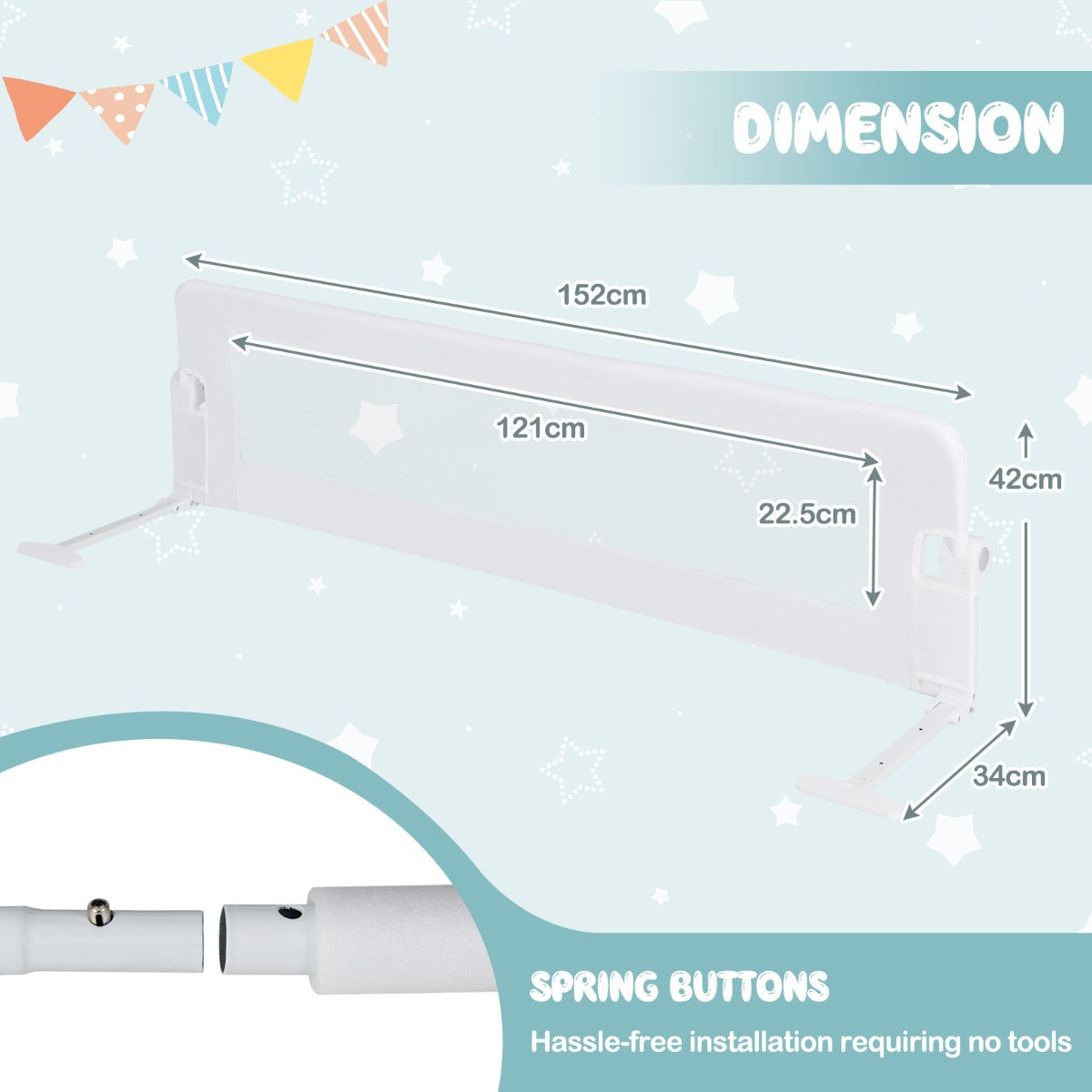 152cm x 42cm Foldable Swing Down Baby Bed Guard Rail-White