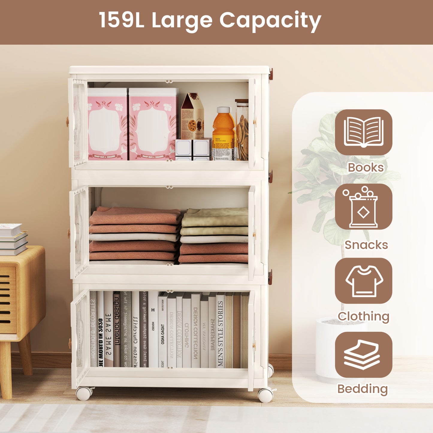 3-Tier Stackable Storage Bins with Lid 159L Closet Storage Organizer-White