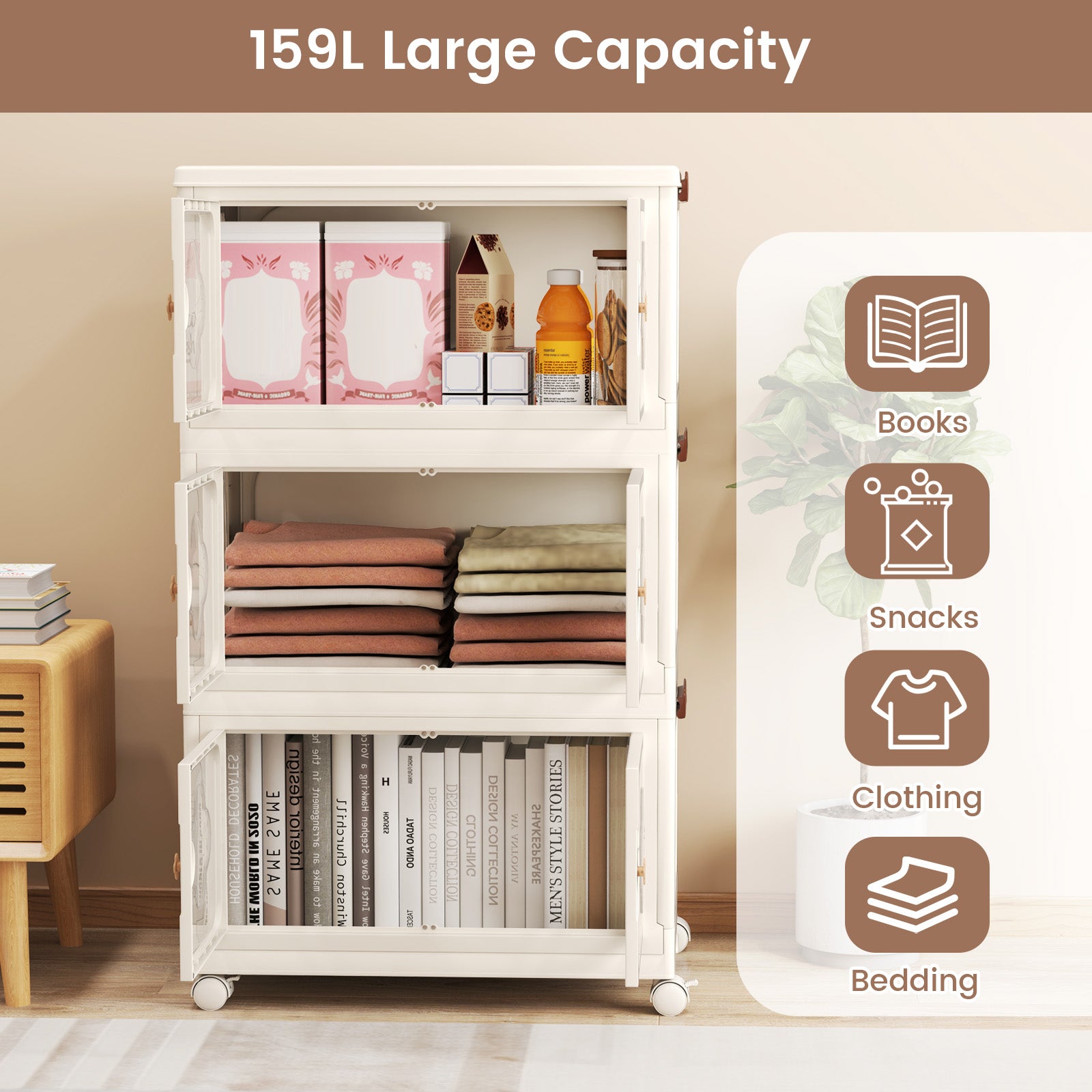 3-Tier Stackable Storage Bins with Lid 159L Closet Storage Organizer-White