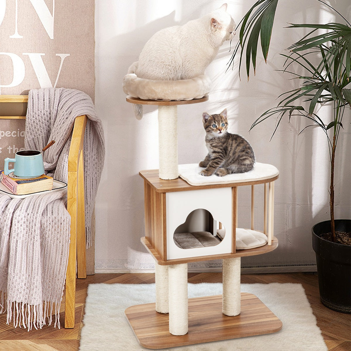 Stylish wooden cat tree with removable washable cushions for comfortable and hygienic lounging