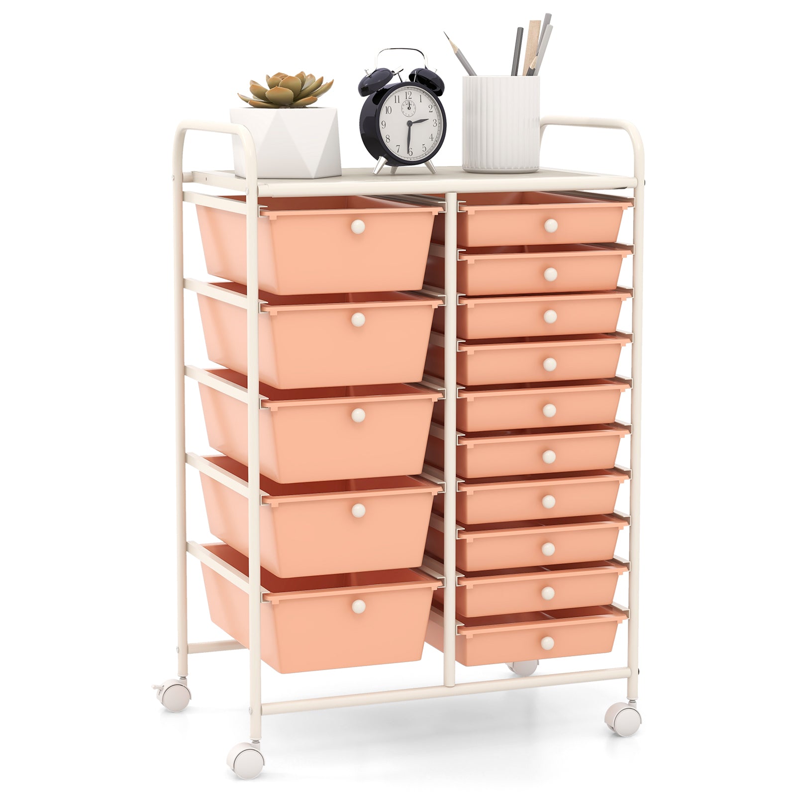 15 Drawer Rolling Storage Cart with Wheels for Home Office-Pink