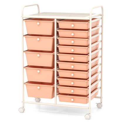 15 Drawer Rolling Storage Cart with Wheels for Home Office-Pink