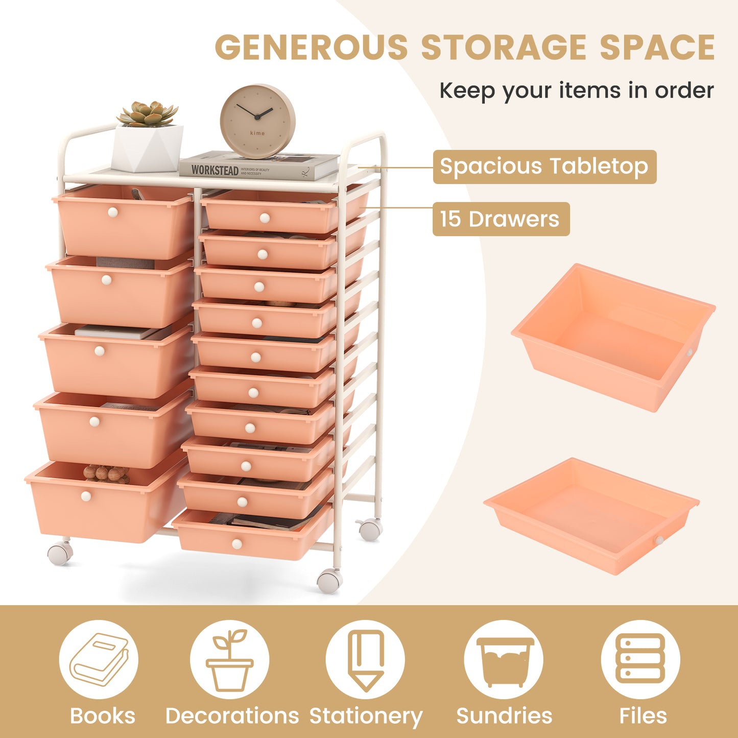 15 Drawer Rolling Storage Cart with Wheels for Home Office-Pink