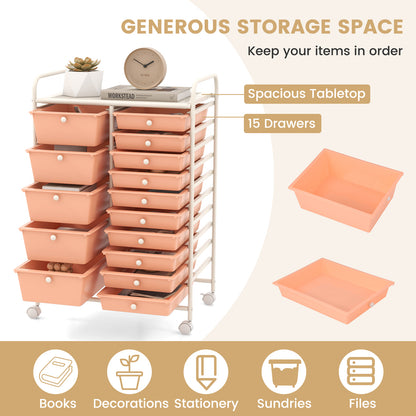 15 Drawer Rolling Storage Cart with Wheels for Home Office-Pink