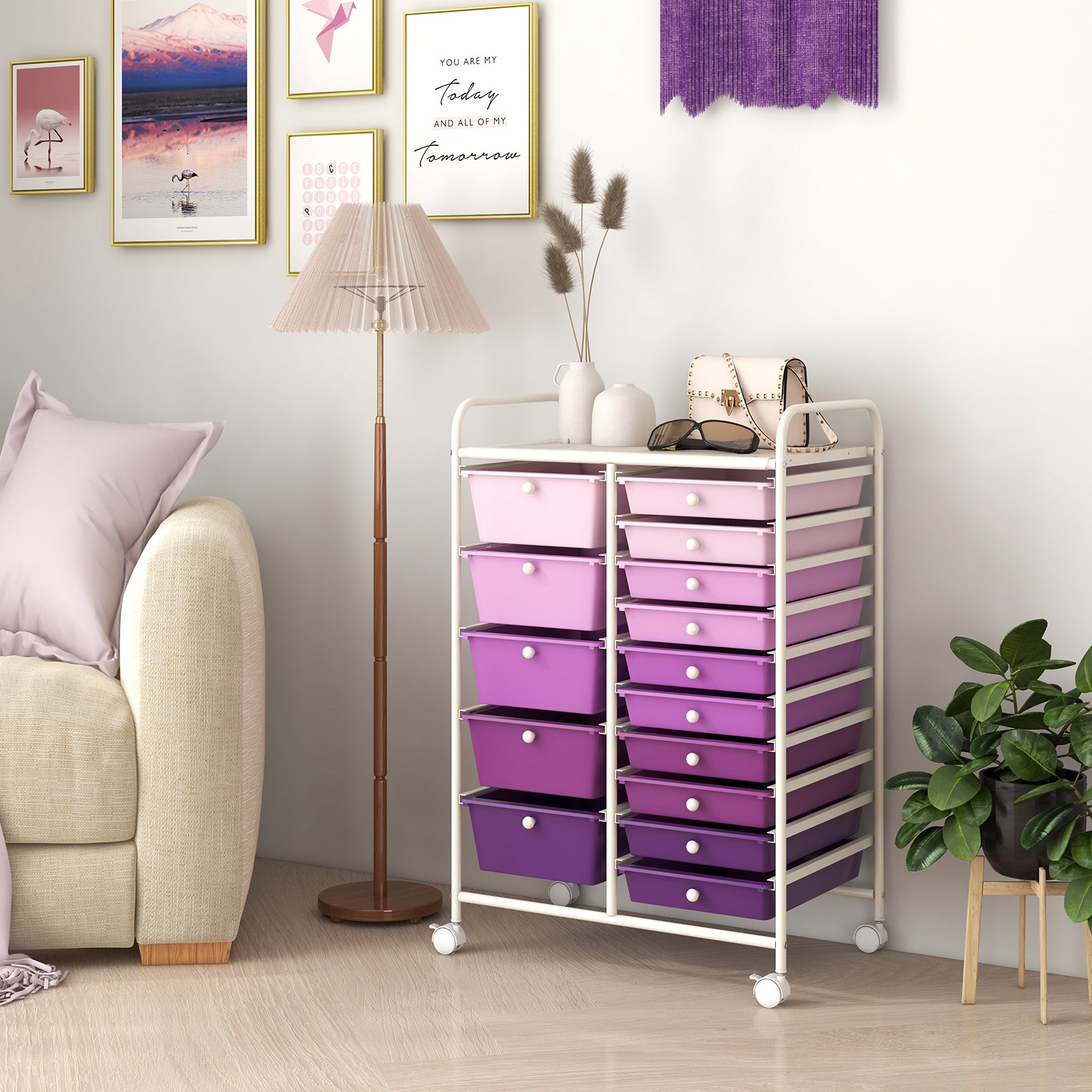 15 Drawer Rolling Storage Cart with Wheels for Home Office-Purple
