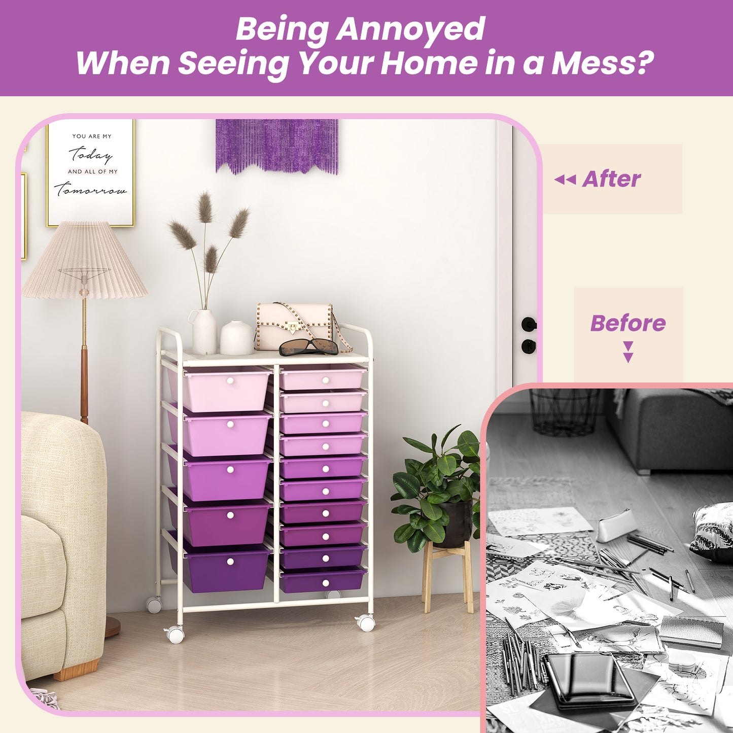 15 Drawer Rolling Storage Cart with Wheels for Home Office-Purple