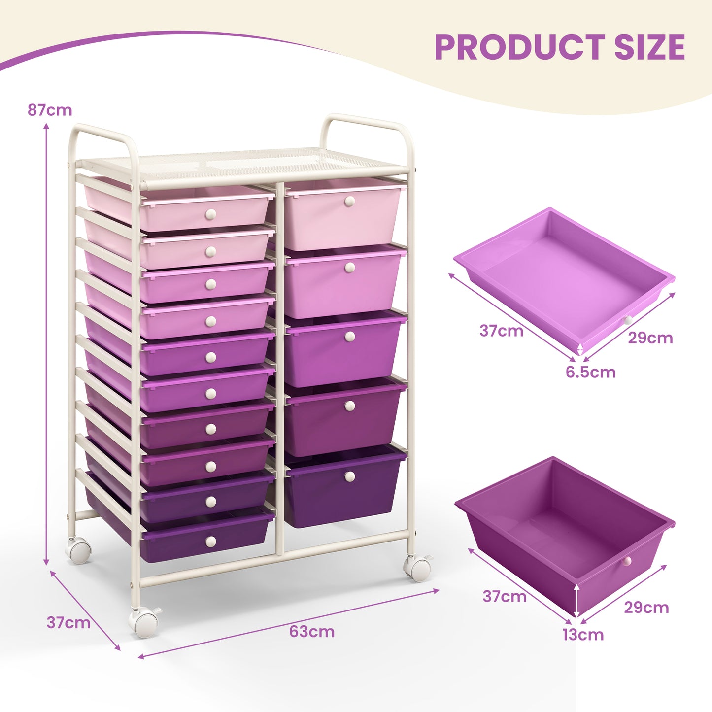 15 Drawer Rolling Storage Cart with Wheels for Home Office-Purple