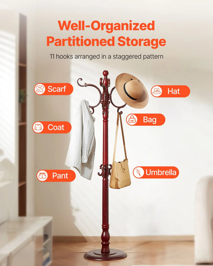 VEVOR Coat Rack Freestanding, Wooden Coats Rack Stand with Weighted Base & 11 Hooks, Free Standing Hall Coat Tree for Entryway, Bedroom, Living Room, Modern Clothes Hanger Stand for Coats, Hats, Bag