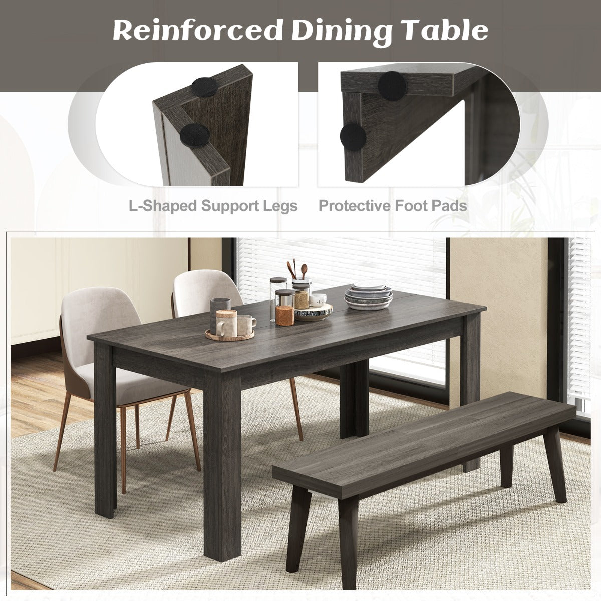 Costway 160 CM Modern Extension Dining Table with Sturdy L-shaped Legs-Grey