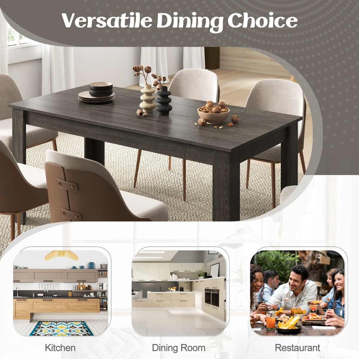 Costway 160 CM Modern Extension Dining Table with Sturdy L-shaped Legs-Grey