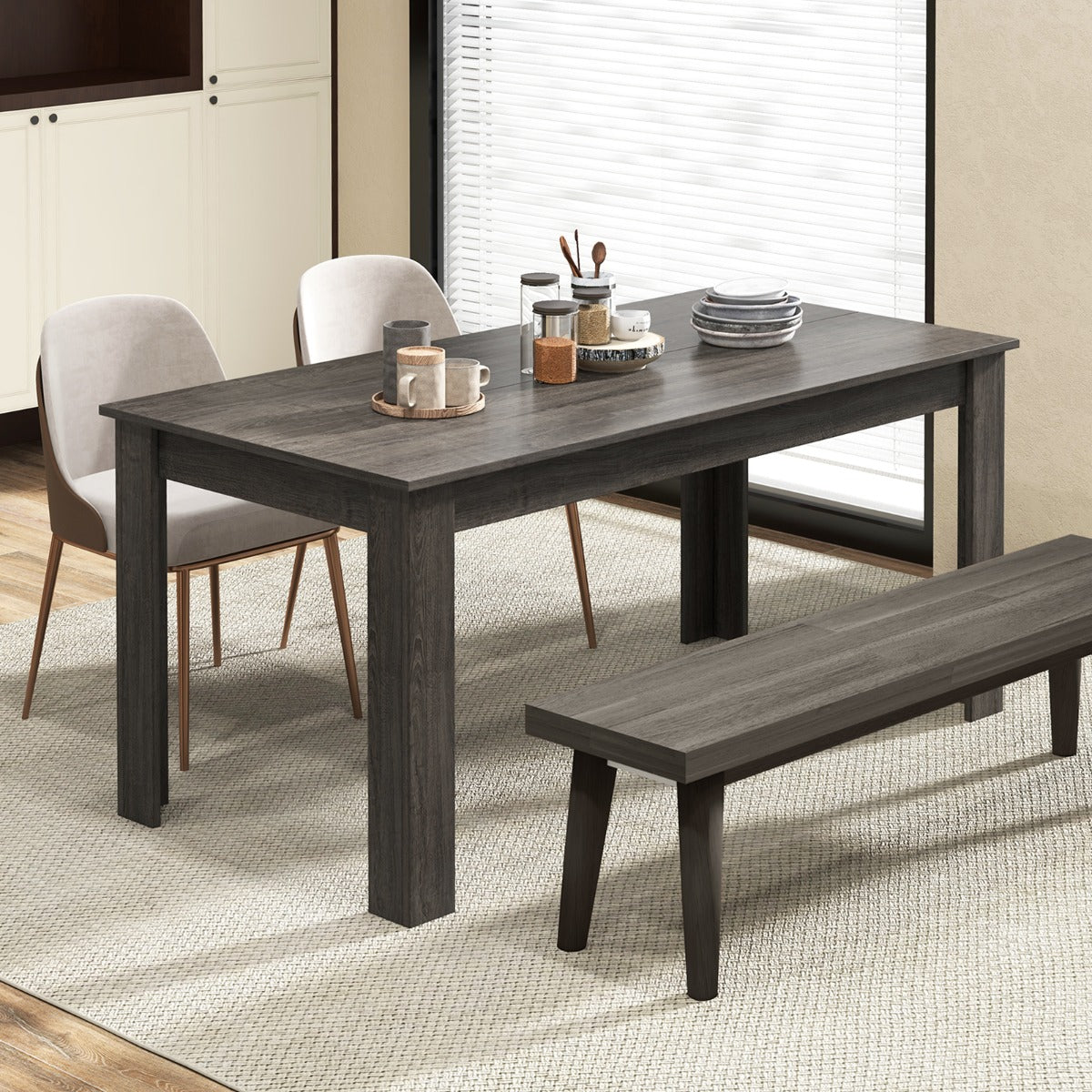 Costway 160 CM Modern Extension Dining Table with Sturdy L-shaped Legs-Grey