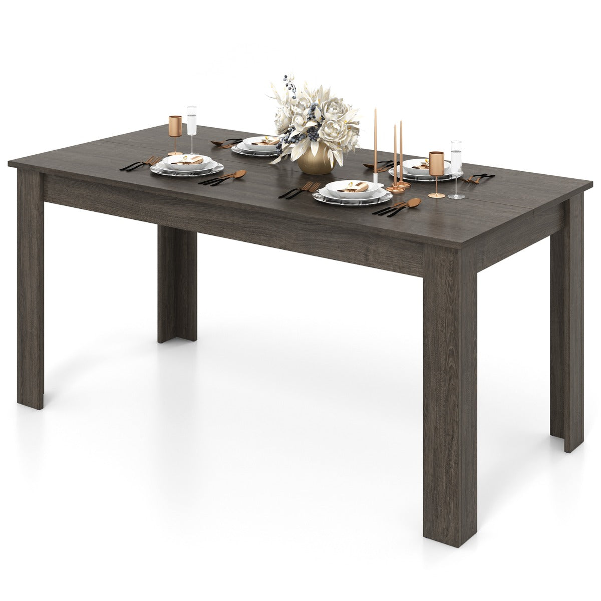 Costway 160 CM Modern Extension Dining Table with Sturdy L-shaped Legs-Grey