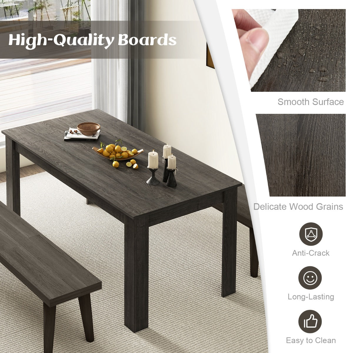 Costway 160 CM Modern Extension Dining Table with Sturdy L-shaped Legs-Grey