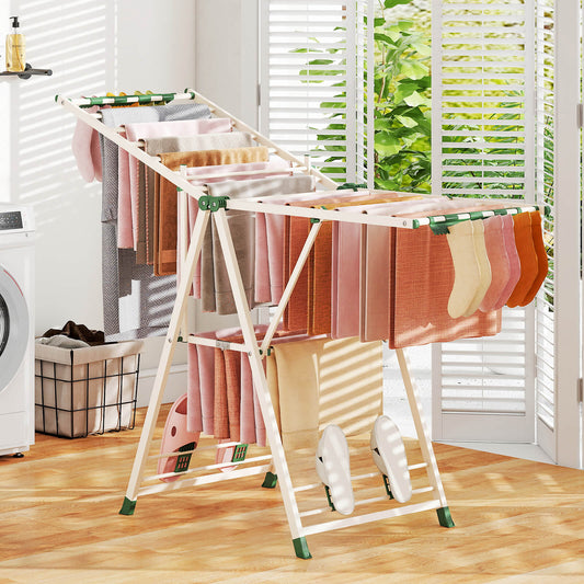 160cm Clothes Drying Rack Foldable Metal Laundry Drying Rack with 18 Drying Rails-Beige
