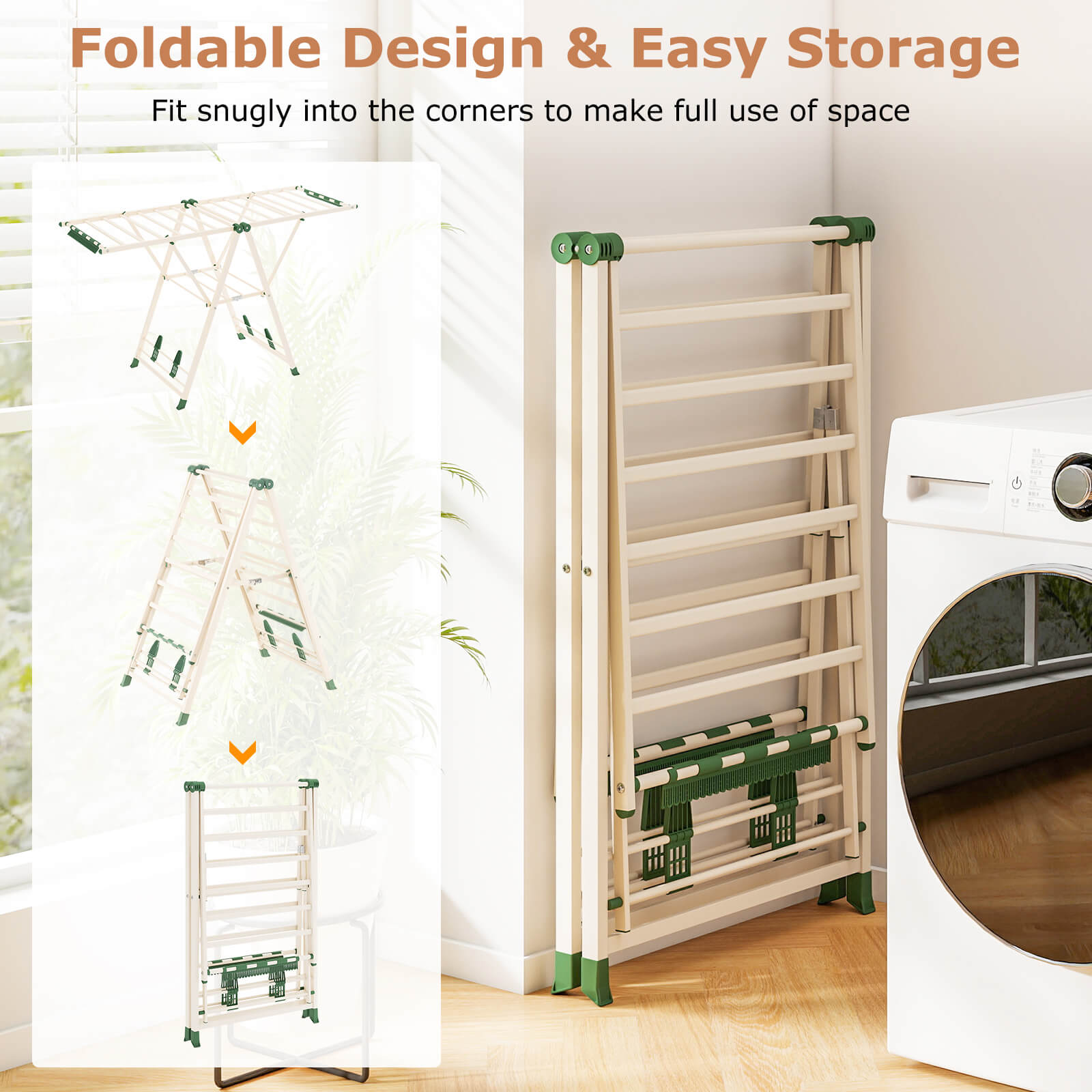 160cm Clothes Drying Rack Foldable Metal Laundry Drying Rack with 18 Drying Rails-Beige