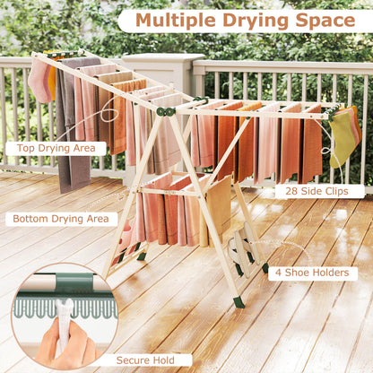 160cm Clothes Drying Rack Foldable Metal Laundry Drying Rack with 18 Drying Rails-Beige