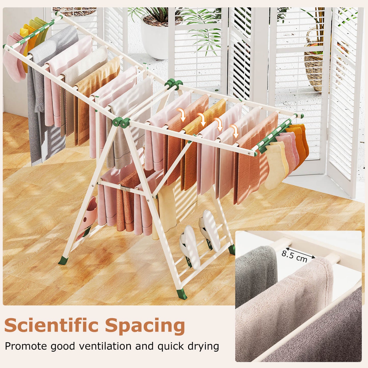 160cm Clothes Drying Rack Foldable Metal Laundry Drying Rack with 18 Drying Rails-Beige