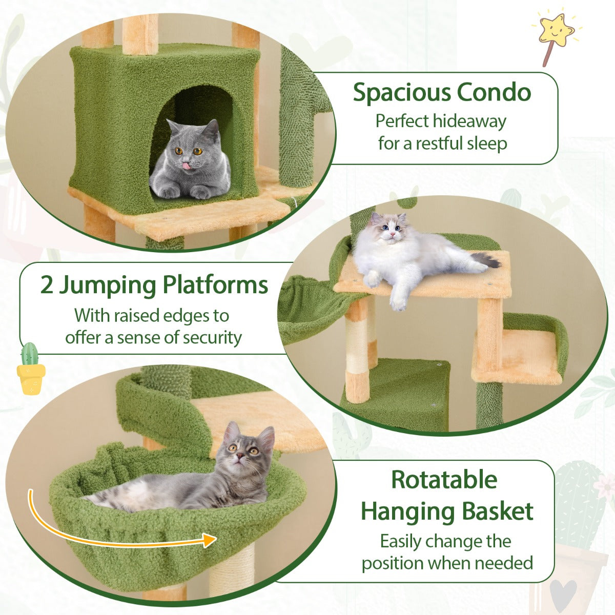 160cm Multi-level Cactus Cat Tree with Sisal Scratching Posts