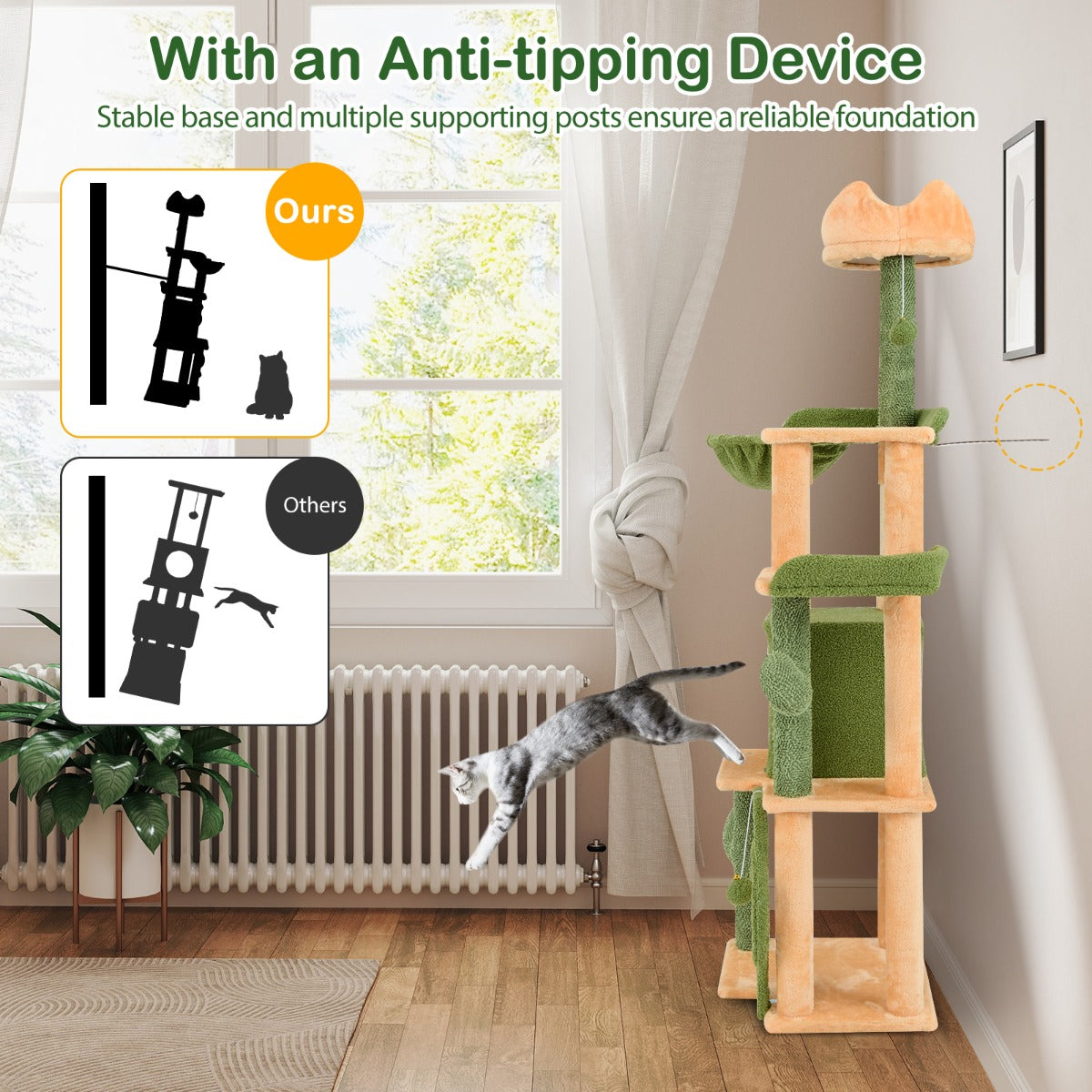 160cm Multi-level Cactus Cat Tree with Sisal Scratching Posts