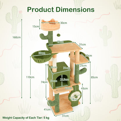 160cm Multi-level Cactus Cat Tree with Sisal Scratching Posts