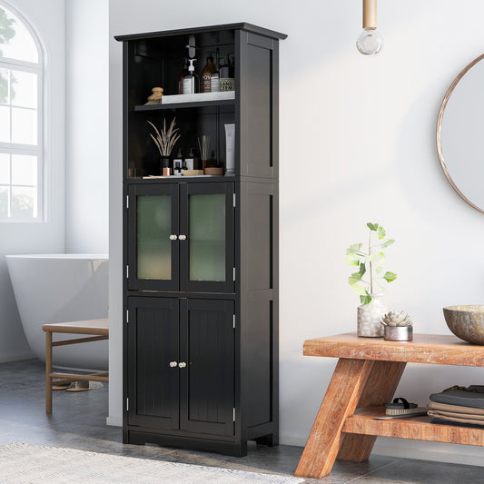 163cm Freestanding Bathroom Cabinet with Adjustable Shelves and 2 Compartments-Black