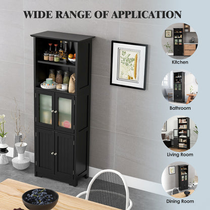 163cm Freestanding Bathroom Cabinet with Adjustable Shelves and 2 Compartments-Black
