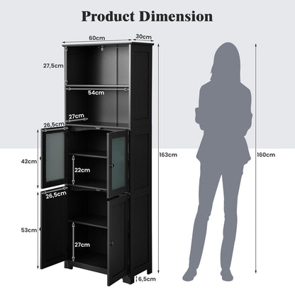 163cm Freestanding Bathroom Cabinet with Adjustable Shelves and 2 Compartments-Black