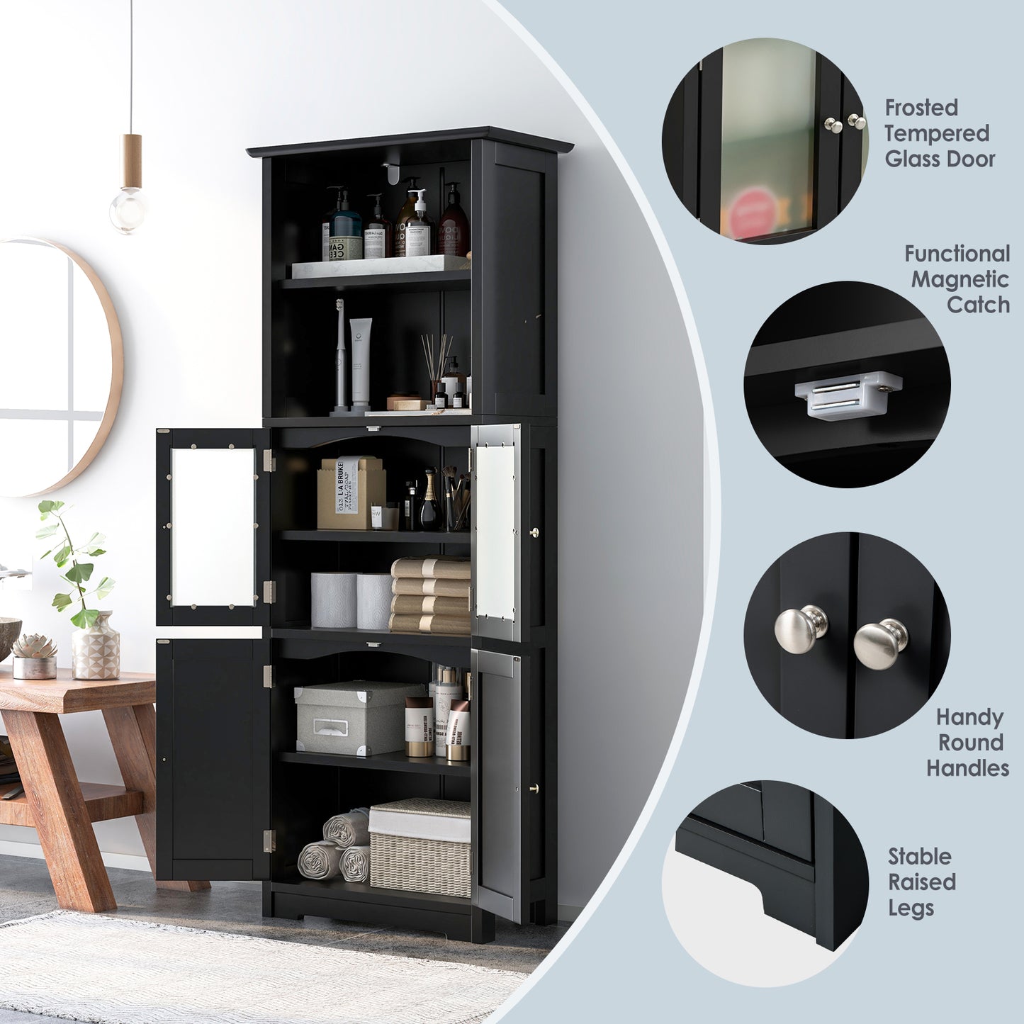 163cm Freestanding Bathroom Cabinet with Adjustable Shelves and 2 Compartments-Black