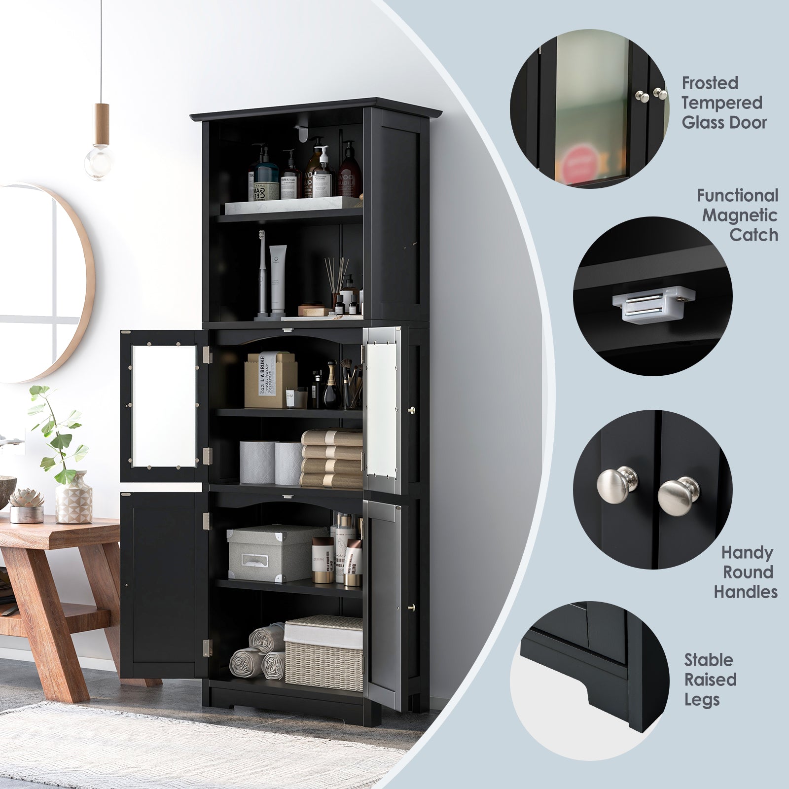 163cm Freestanding Bathroom Cabinet with Adjustable Shelves and 2 Compartments-Black