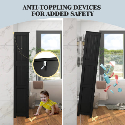 163cm Freestanding Bathroom Cabinet with Adjustable Shelves and 2 Compartments-Black