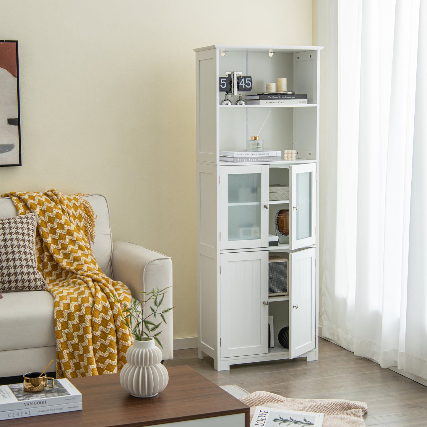 163cm Freestanding Bathroom Cabinet with 2 Compartments and Adjustable Shelves-White