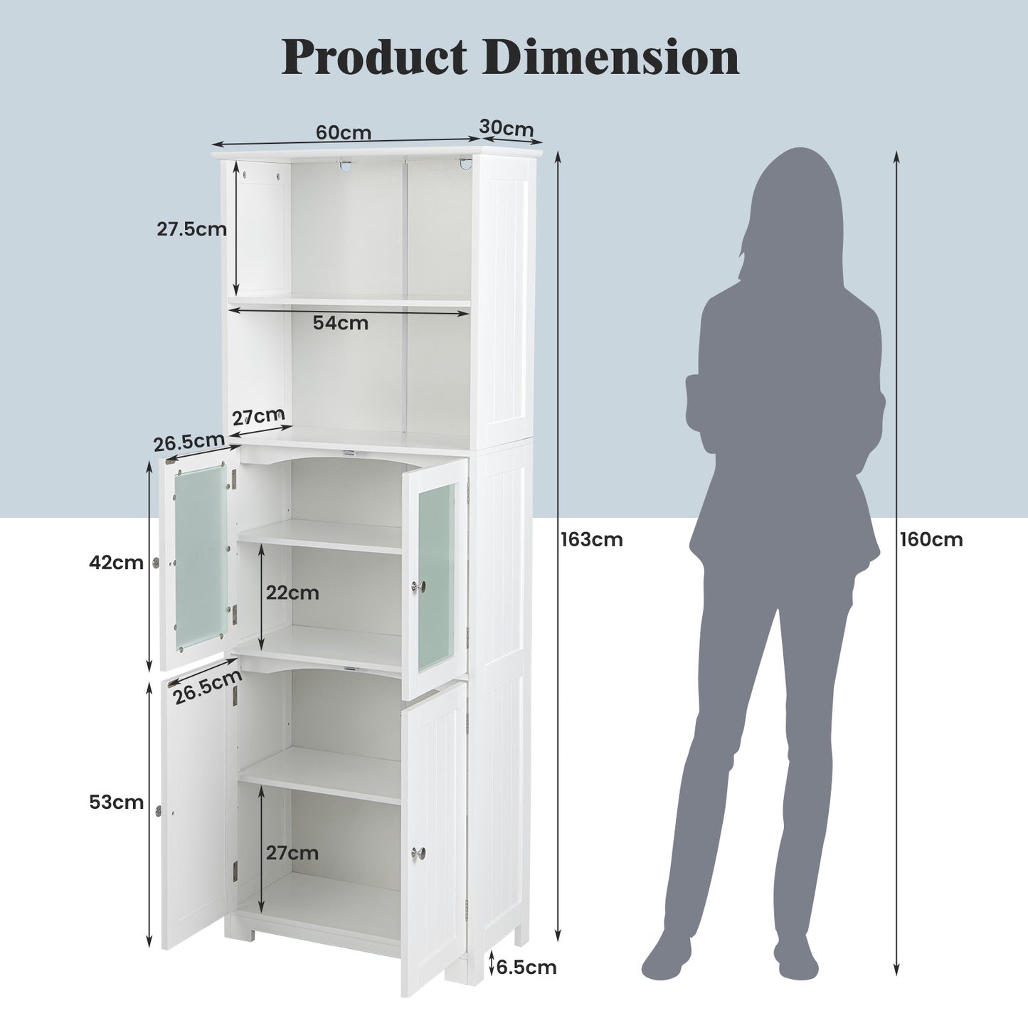 163cm Freestanding Bathroom Cabinet with 2 Compartments and Adjustable Shelves-White