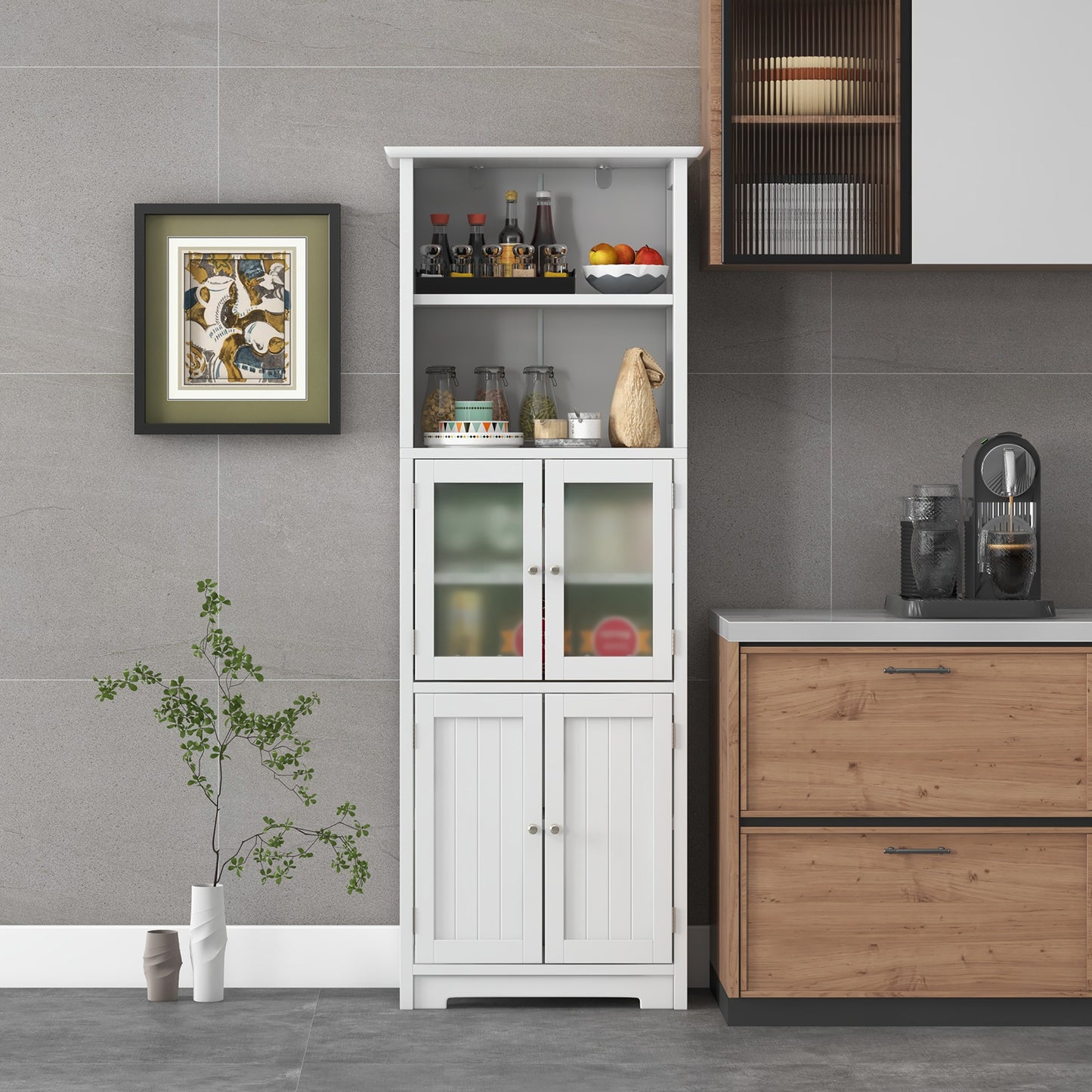 163cm Freestanding Bathroom Cabinet with 2 Compartments and Adjustable Shelves-White