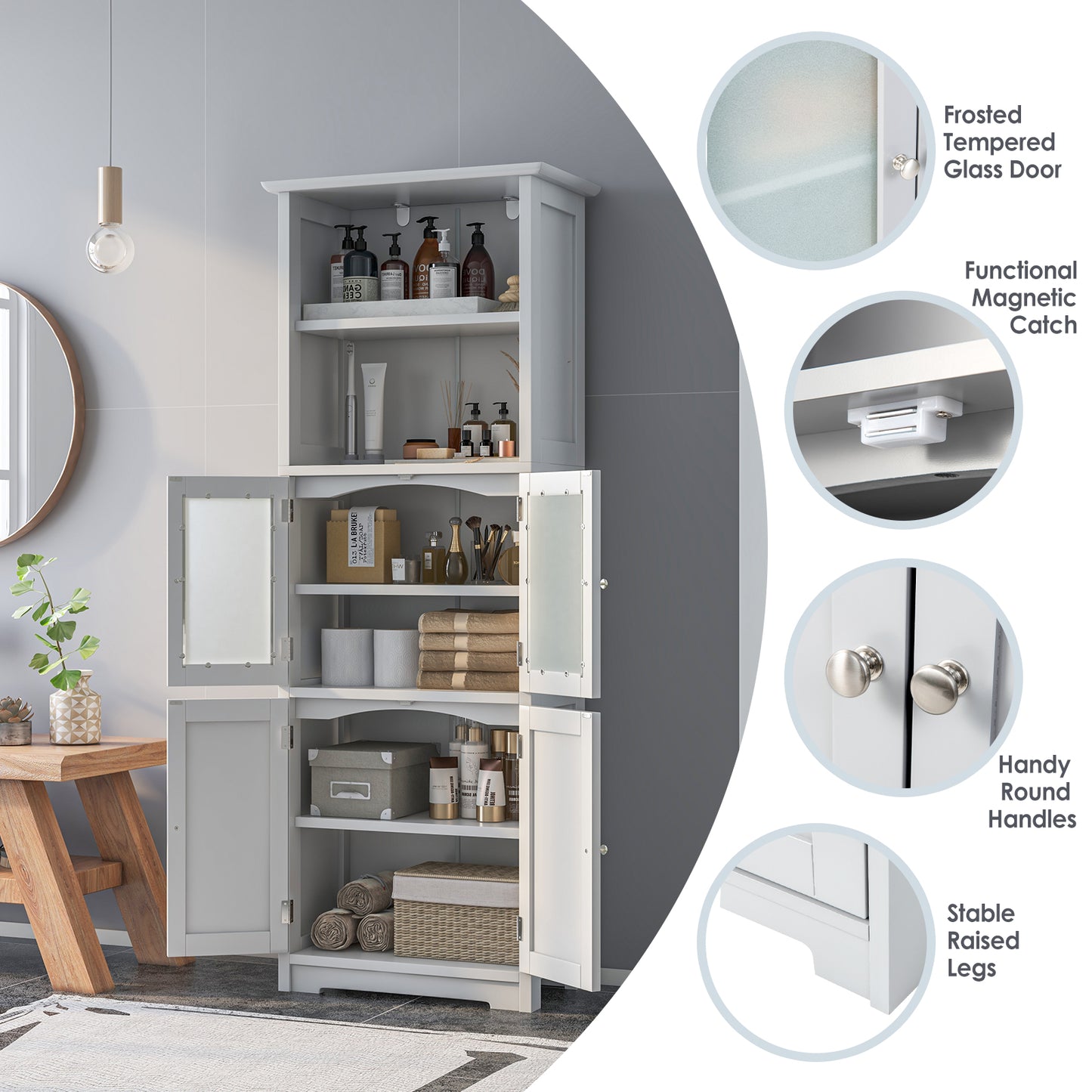 163cm Freestanding Bathroom Cabinet with 2 Compartments and Adjustable Shelves-White