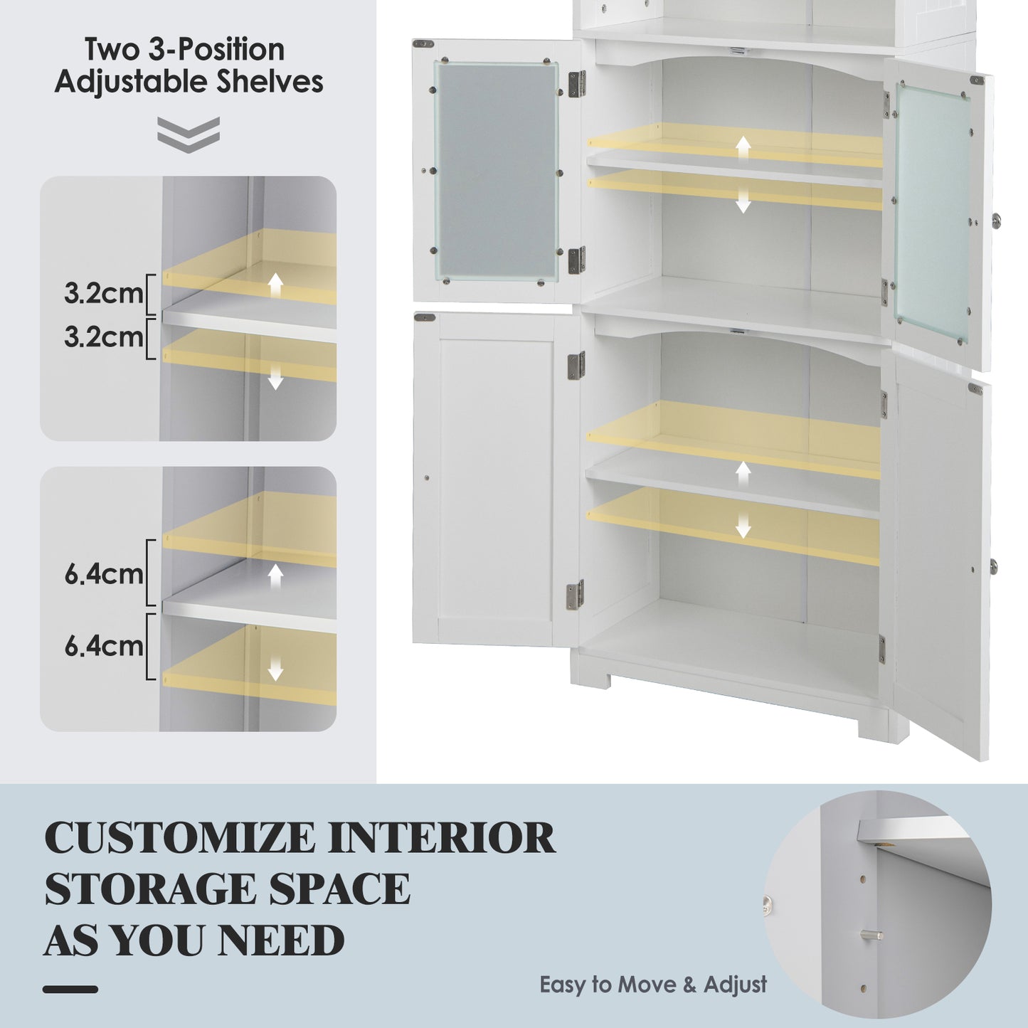 163cm Freestanding Bathroom Cabinet with 2 Compartments and Adjustable Shelves-White